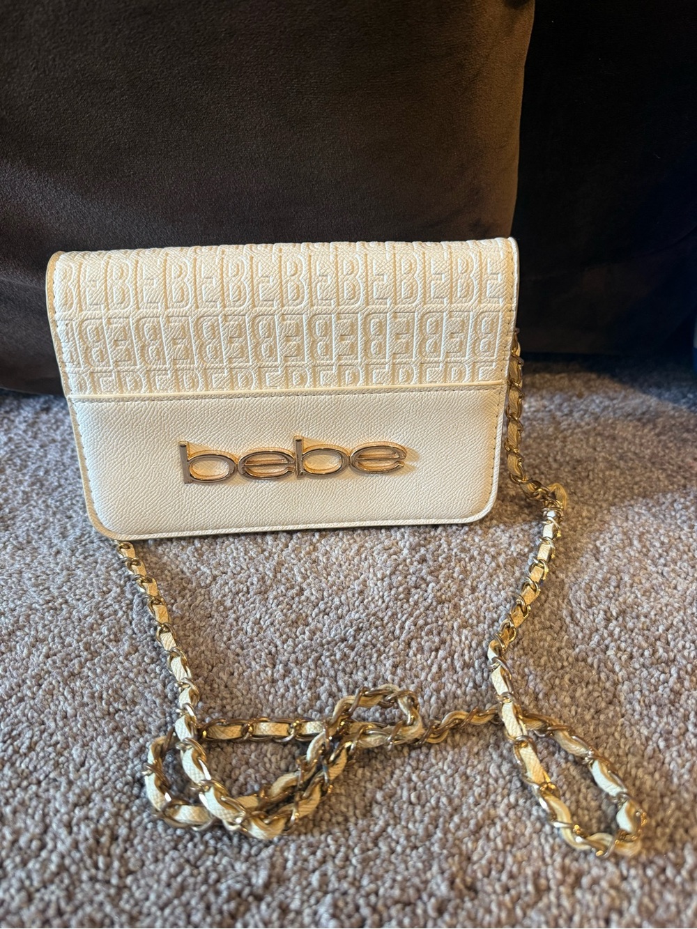 bebe Gold Logo Cream Quilted Crossbody with Chain Strap